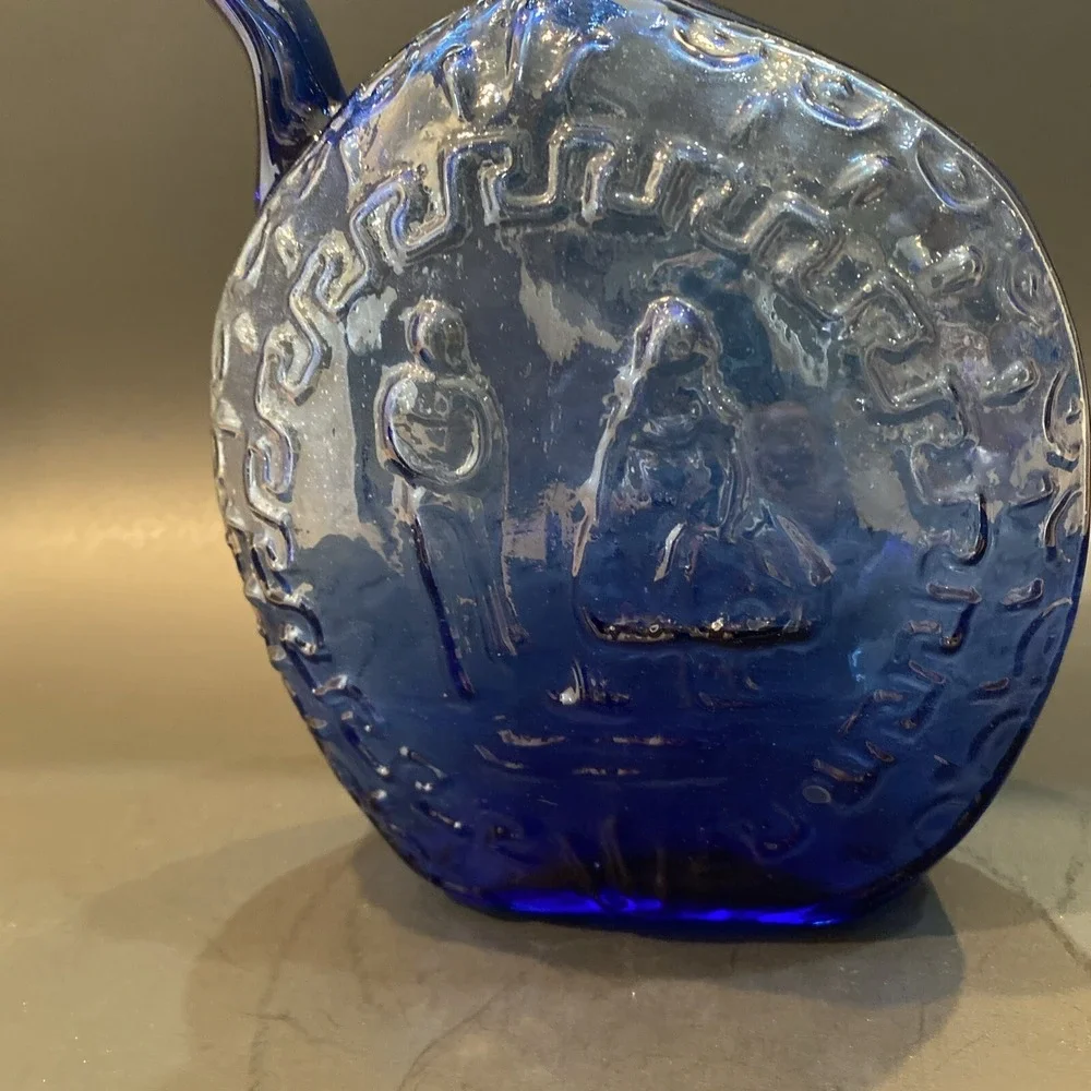 Vintage Hand Blown Cobalt Blue Raised Design Pitcher Vase Handled Jug 9.5